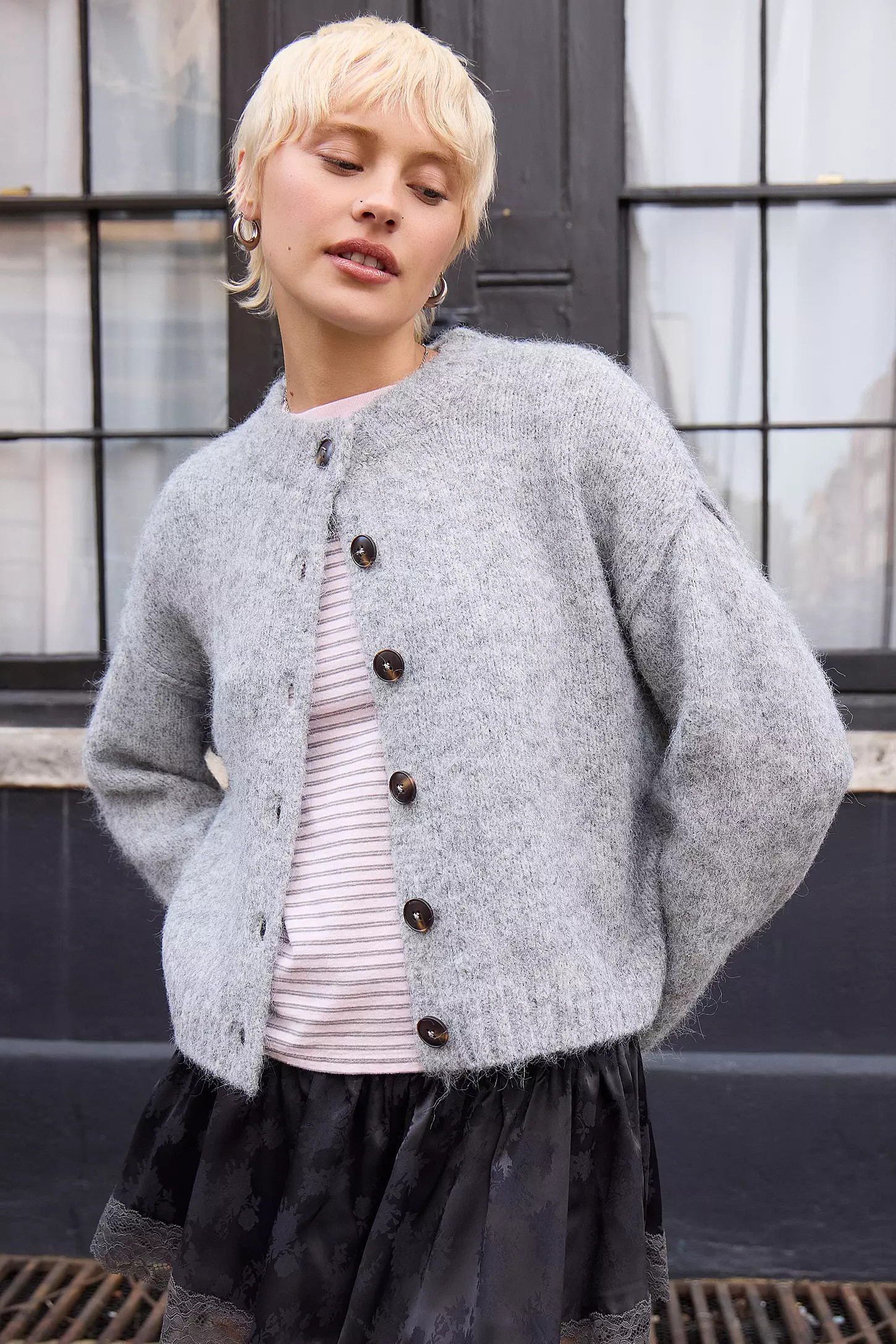 UO Hudson Cardigan - Light Grey at Urban Outfitters | Urban Outfitters UK