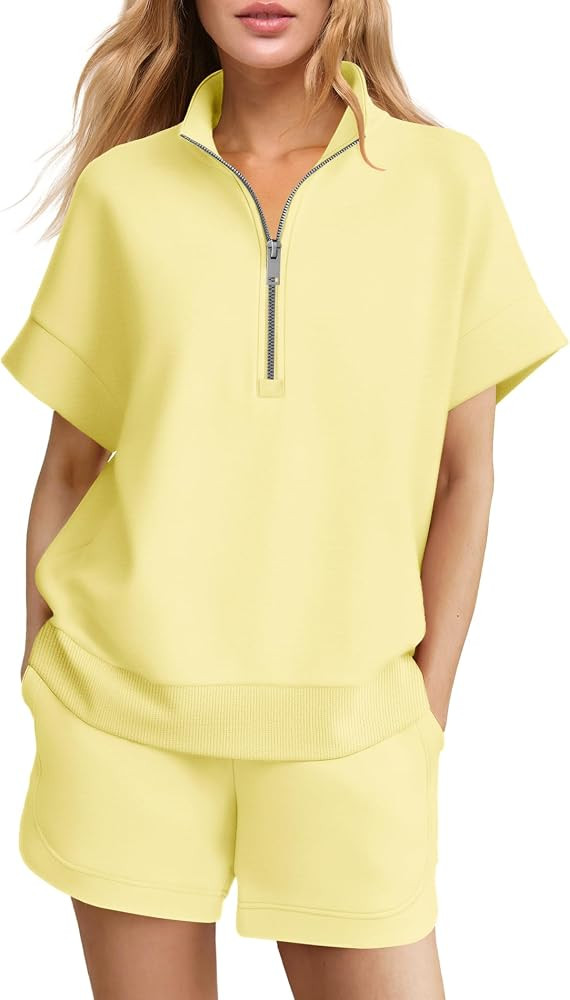 Yanekop Womens Lounge Sweat Set Sweatsuits 2 Piece Short Set Oversized Half Zip Tops and Shorts A... | Amazon (US)
