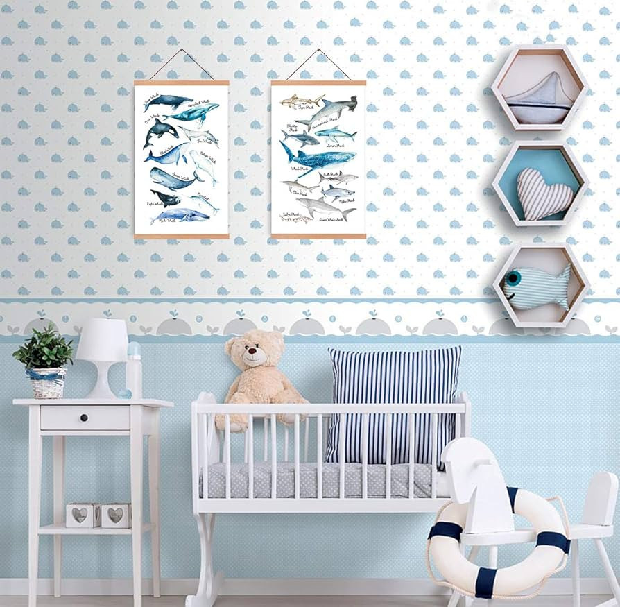 HPNIUB Natural Wood Magnetic Hanger Frame Poster- Shark & Whale Wall Art Print,Sea Life Canvas Po... | Amazon (US)