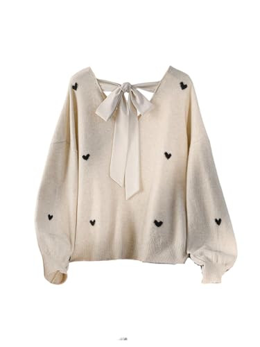 Women's Plus Size Heart Graphic Sweaters Y2k Bow Tie Back V Neck Long Sleeve Knitwear Tops Fall C... | Amazon (US)