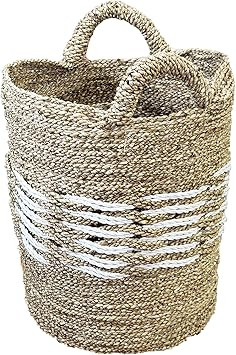 17" Gray, White, and Beige Seagrass and Raffia Basket Handcrafted with Genuine Human Touch | Amazon (US)