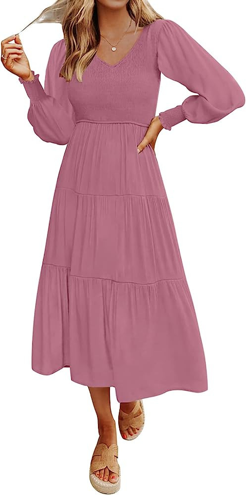 ZESICA Women's 2023 Casual Long Sleeve Crew Neck High Waist Smocked Flowy Tiered Midi Dress | Amazon (US)