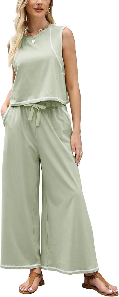 Ynhonra Women\u2019s 2 Piece Lounge Set Sleeveless Tank Top & Wide Leg Pants Contrast Trim Relaxe... | Amazon (US)