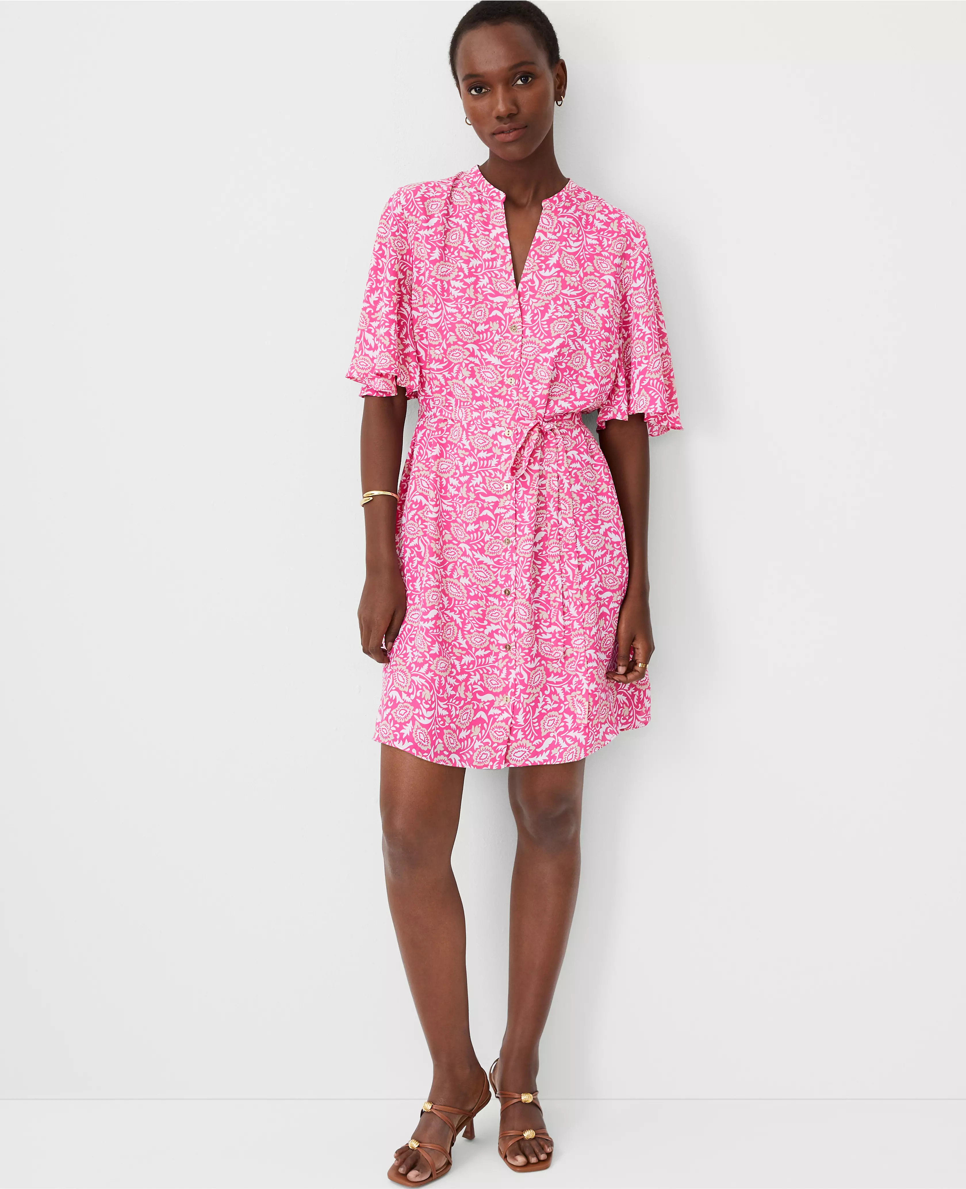 Split Neck Flounce Sleeve Shift Dress | Ann Taylor (US)
