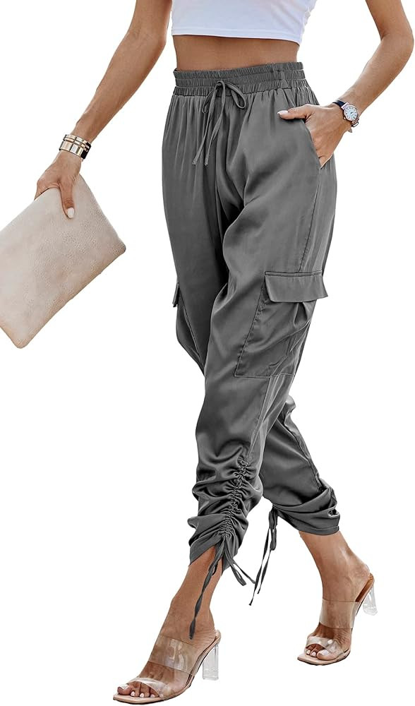 PRETTYGARDEN Women's Satin Jogger Pants Casual Dressy High Waist Long Lounge Pant Trousers Summer... | Amazon (US)