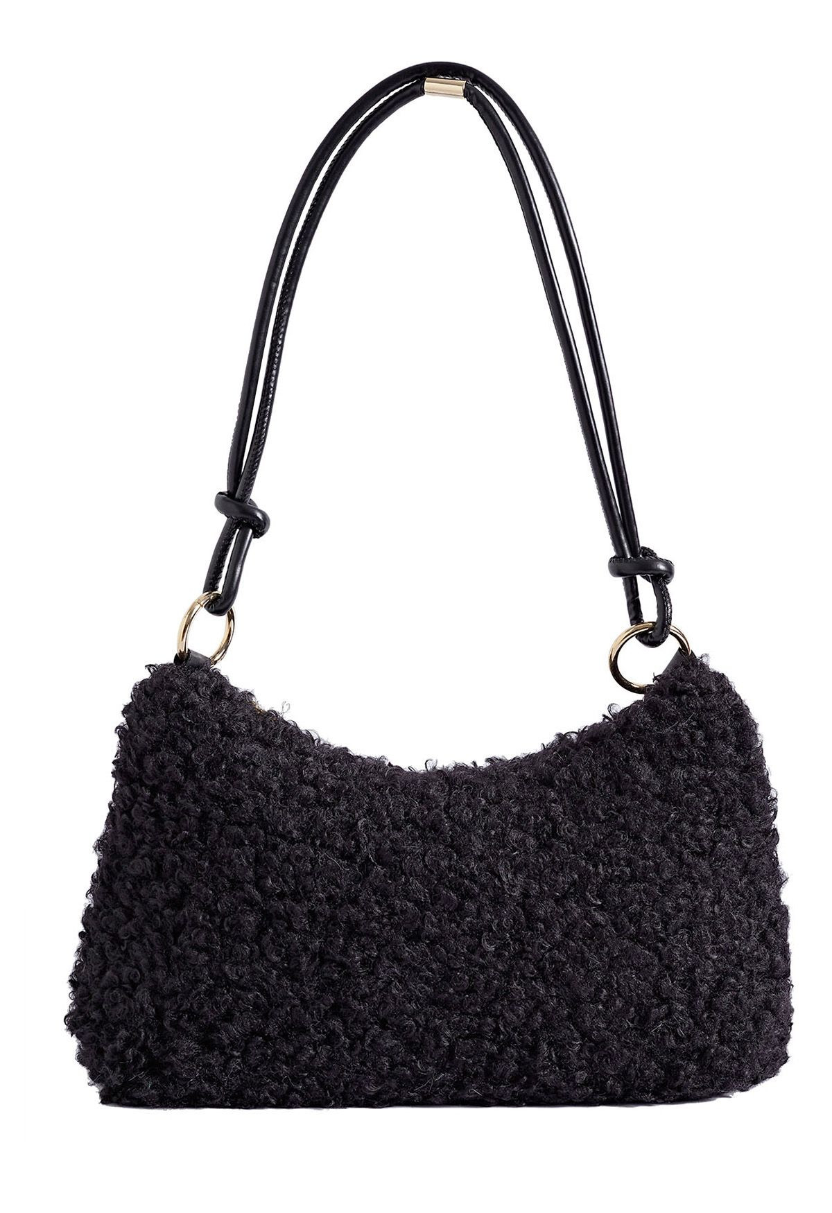 Double String Soft Lambswool Shoulder Bag in Black | Chicwish