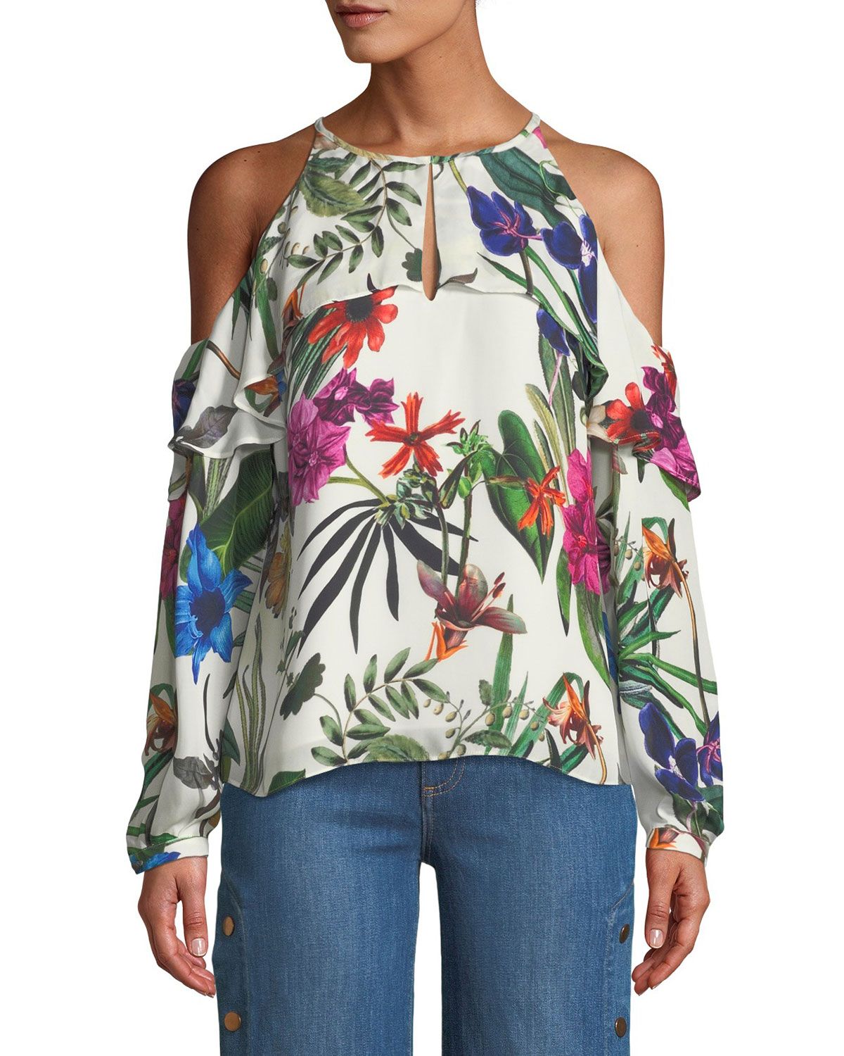 Suzette Floral Silk Cold-Shoulder Blouse | Neiman Marcus