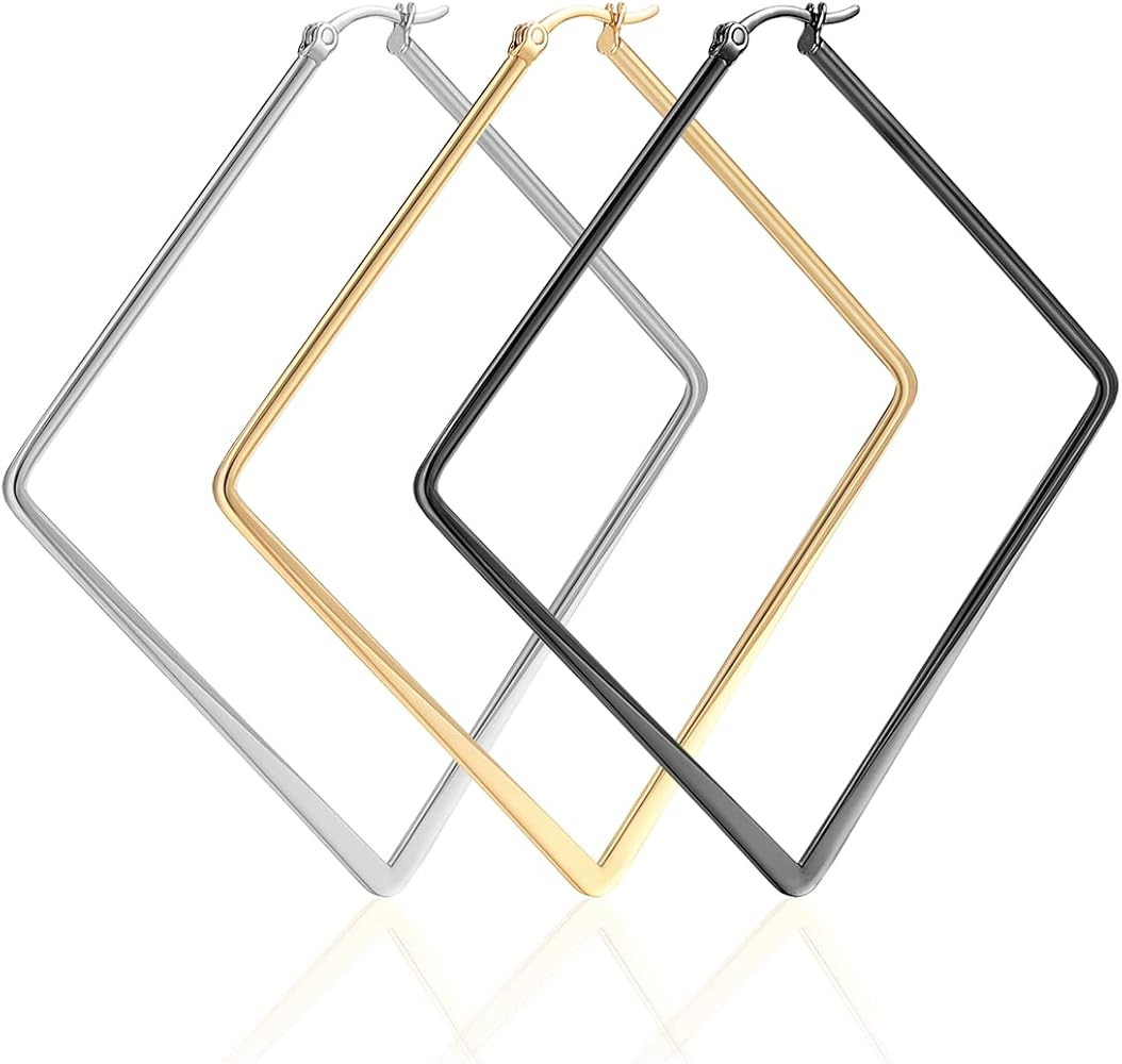 3 Pairs Big Hoop Geometric Earrings for Women, Hypoallergenic Stainless Steel Hoop Earrings Set P... | Amazon (US)