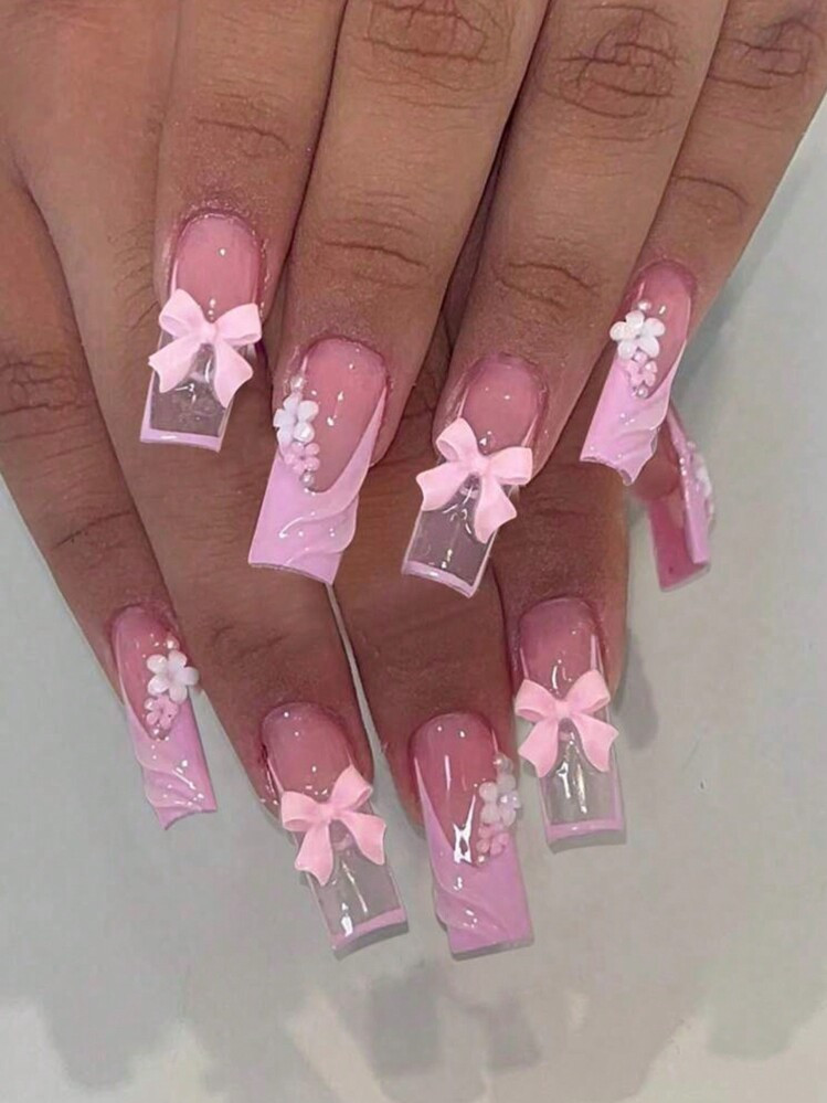 24pcs Instantly Upgrade Your Look With Medium Square Fake Nails,3D Bowknot Decorate It On Your Nails,Pink Cherry Blossom Full Cover Fake Nail Set,Rhinestone Decoration,White French Nails 1pc Nail File & 1Nail Glue Sticker Kit Nails For Girl Mother Women Gift And Nails Supplies &Wholesale &Christmas &All Saints' Day &Thanksgiving Day &Mother's Day &Valentine's Day Gift Press On Nails | SHEIN