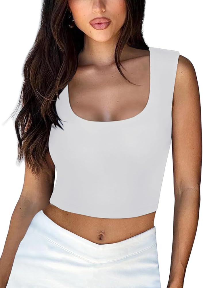 REORIA Women's Summer Sexy Square Neck Sleeveless Double Lined Going Out Crop Tank Tops | Amazon (US)