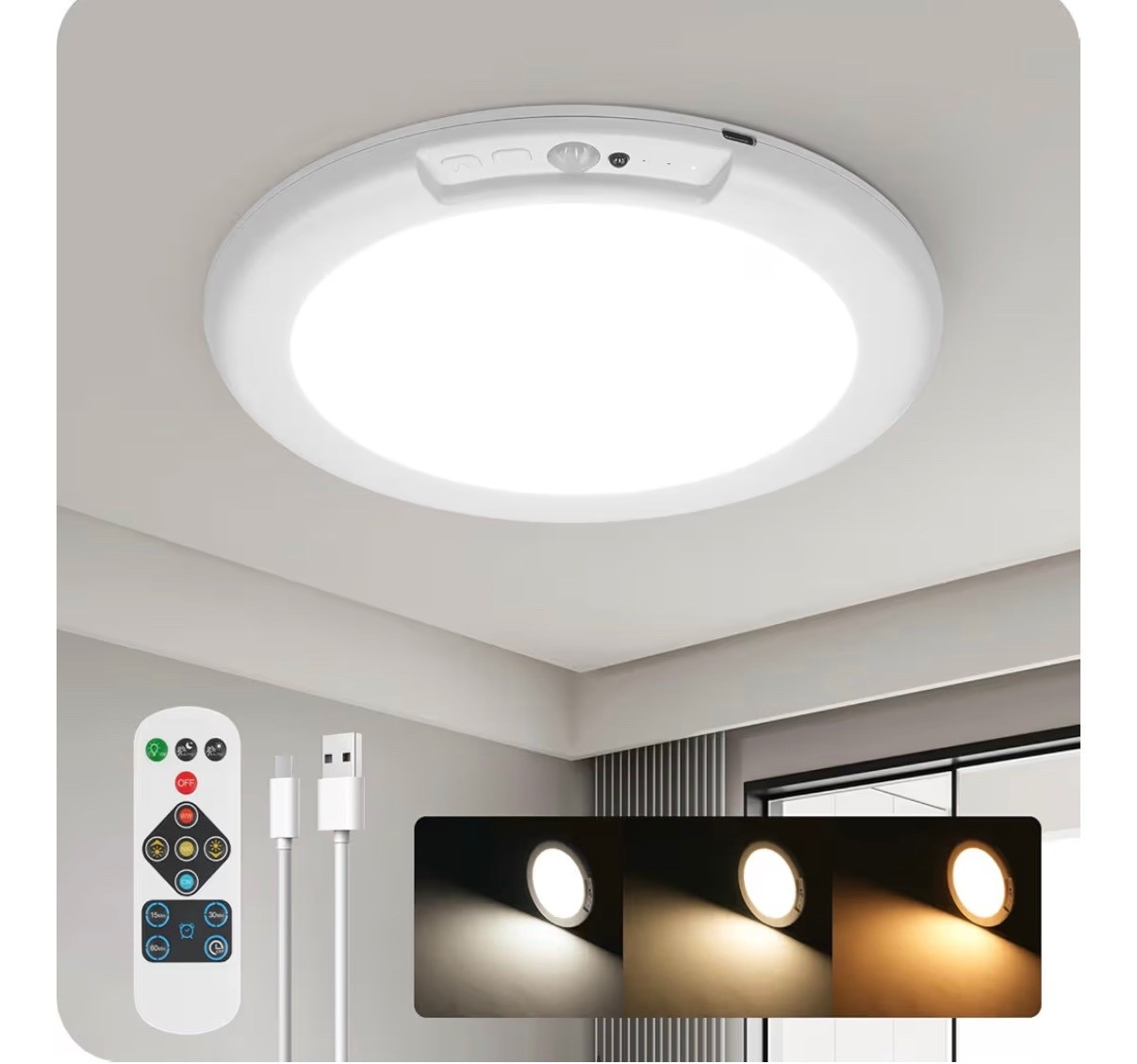 Rechargeable Motion Sensor Ceiling Light with Remote, Wireless Ceiling Light Battery Operated, No Wiring, Magnetic, Dimmable Shower Light, Timer, 3 Color 6000K, Rechargeable Light for Closet Hallway


#LTKHome