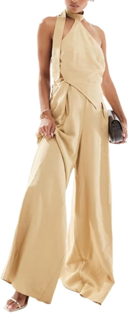 Wuitrie 2 Piece Sets for Women Going Out Tie Up Backless Halter Tops Wide Leg High Waisted Pants ... | Amazon (US)