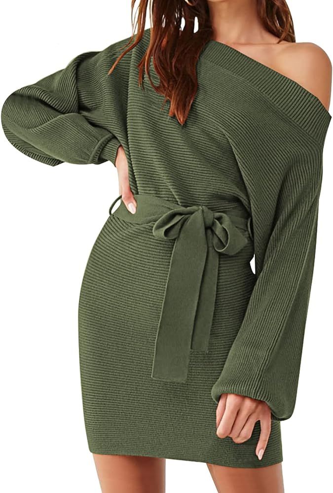 Meenew Women's Off Shoulder Sweater Dress Ribbed Tie Waist Short Bodycon Dress | Amazon (US)