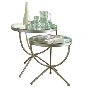 Bowery Hill 2 Piece Round Glass Top Nesting Table Set in Satin Silver | Cymax