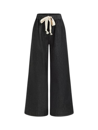 CIDER Drawstring Wide Leg Jeans for Women High Waisted Baggy Jeans Denim Pants with Pockets: Black, L | Amazon (US)