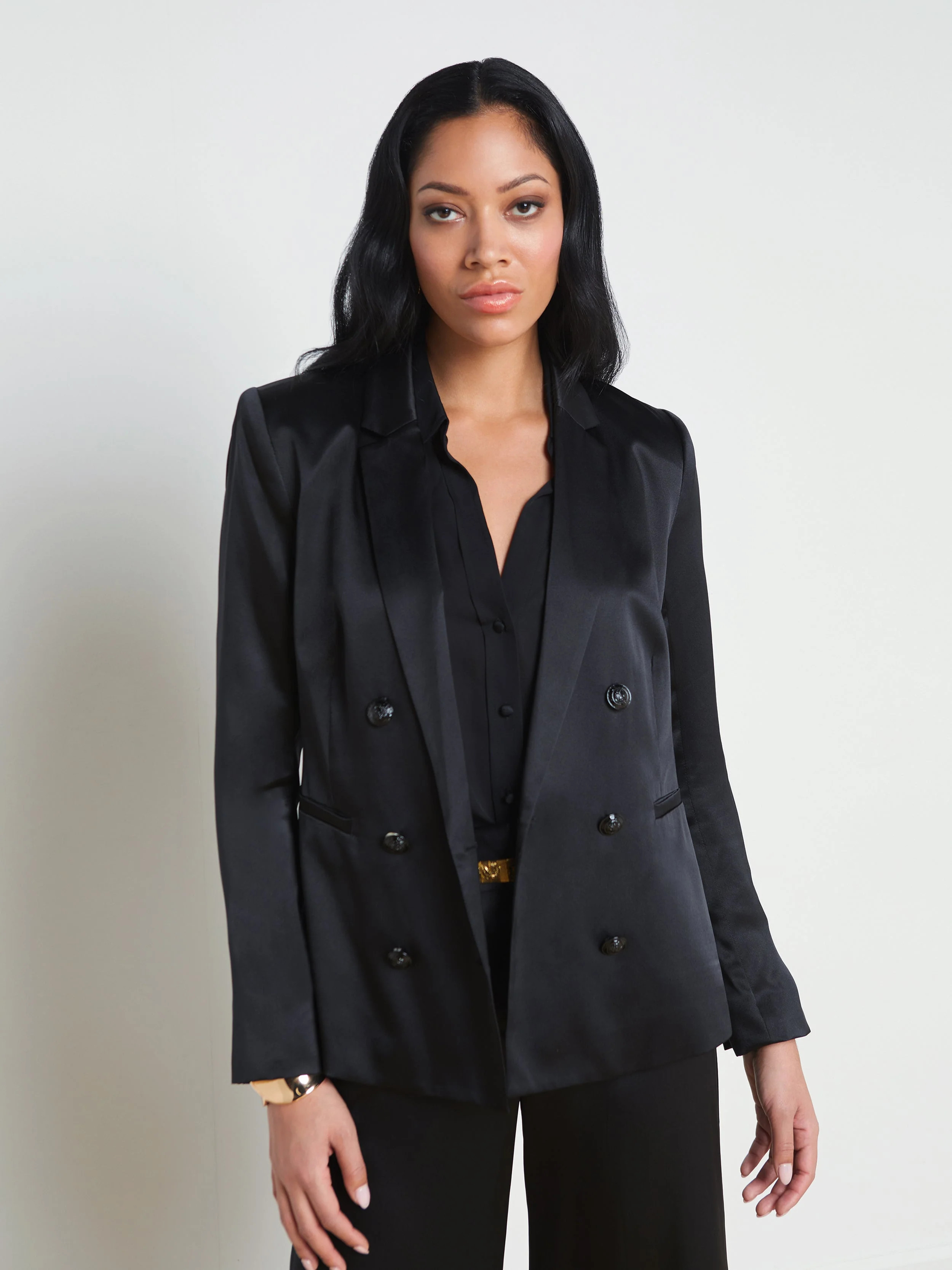 Colin Double Breasted Silk Charmeuse Blazer in Black | L'AGENCE | L'Agence
