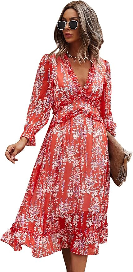 Floerns Women's All Over Print V Neck Long Sleeve Ruffle Hem Boho Midi Dress | Amazon (US)