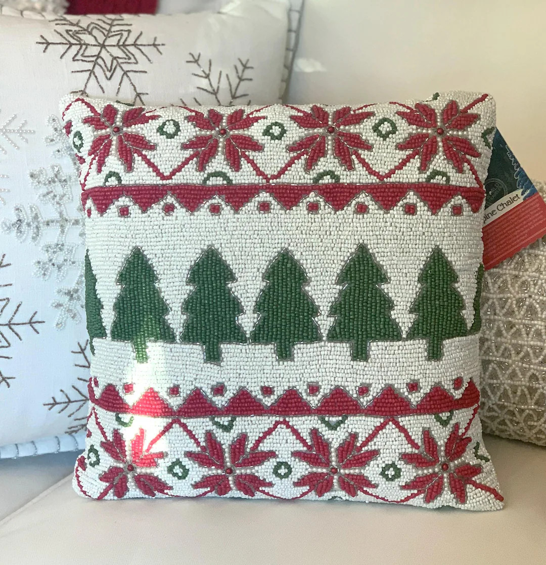Beautiful Beaded Christmas Throw Pillow 12" x 12" | Snow White Beading w/Deep Green Tree & Red Po... | Etsy (US)