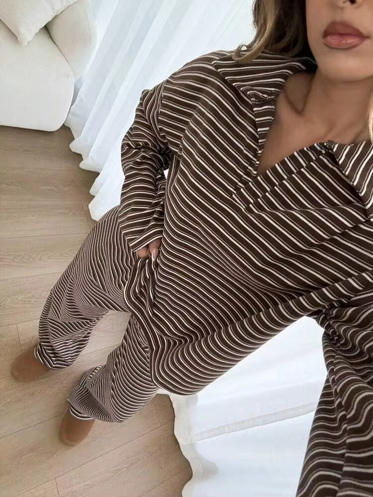 Siren Gaze Women's 2-Piece Set Loose Brown Striped V-Neck Drop Shoulder Long Sleeve T-Shirt And E... | SHEIN