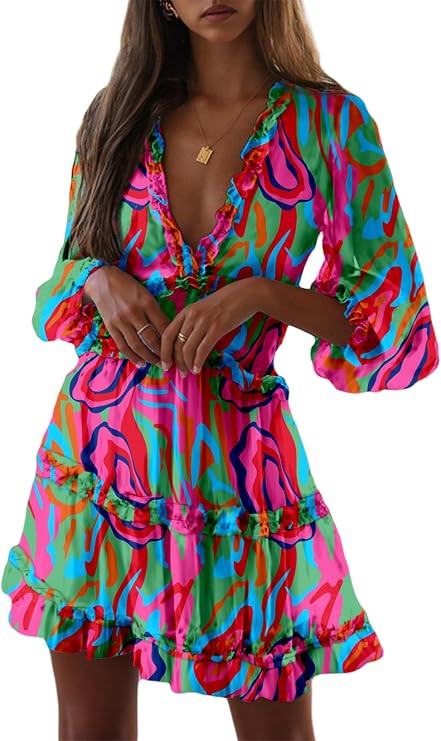Dokotoo Womens 2025 Spring Summer Deep V Neck Long Sleeve Backless Ruffle Floral Flowy Mini Dress | Amazon (US)
