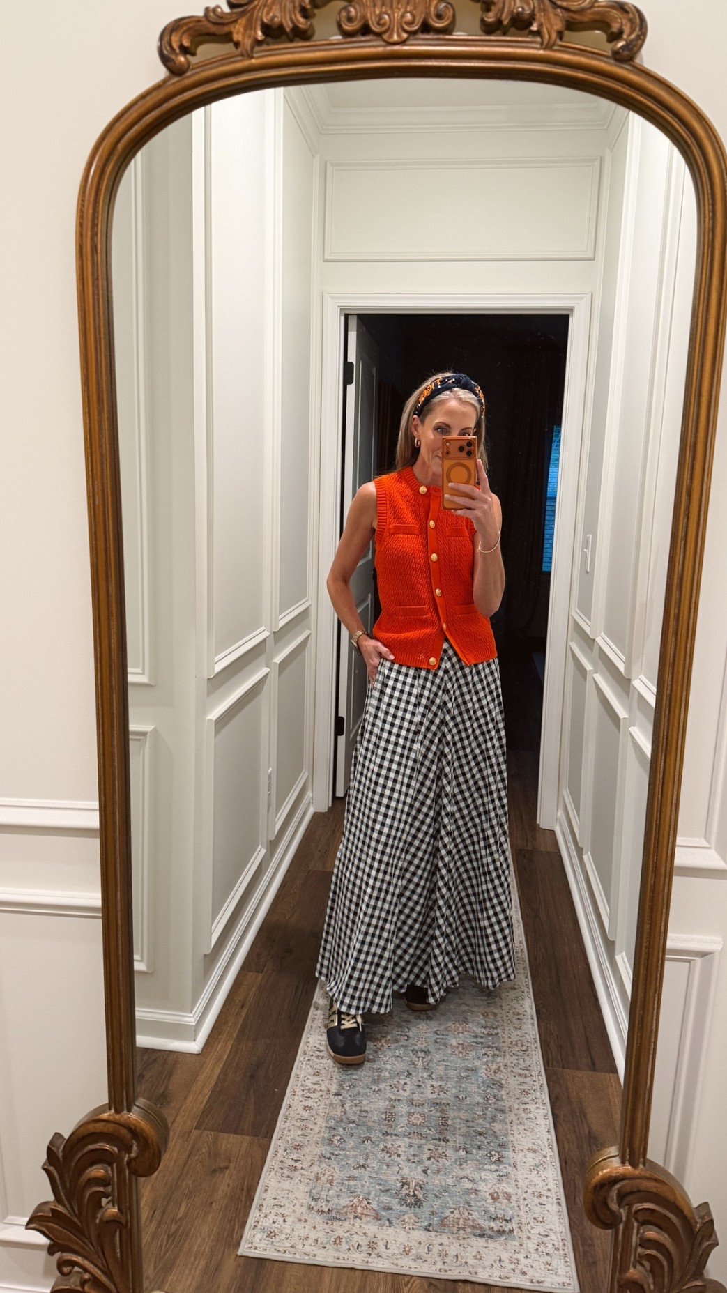 Today’s outfit of the day… All about that orange and blue. Amazon skirt Walmart sweater. Amazon headband.