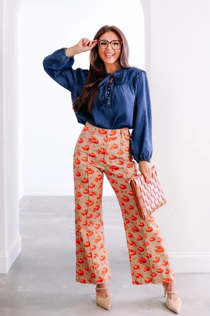 Pumpkin Print Latte Stretch Denim Flare Jean | The Willow Tree