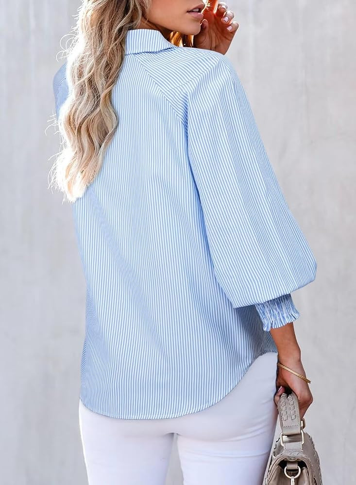 Astylish Women 2026 Fine Striped Smocked Cuffed Henley Shirts Puff Long Sleeve Collared Blouse To... | Amazon (US)
