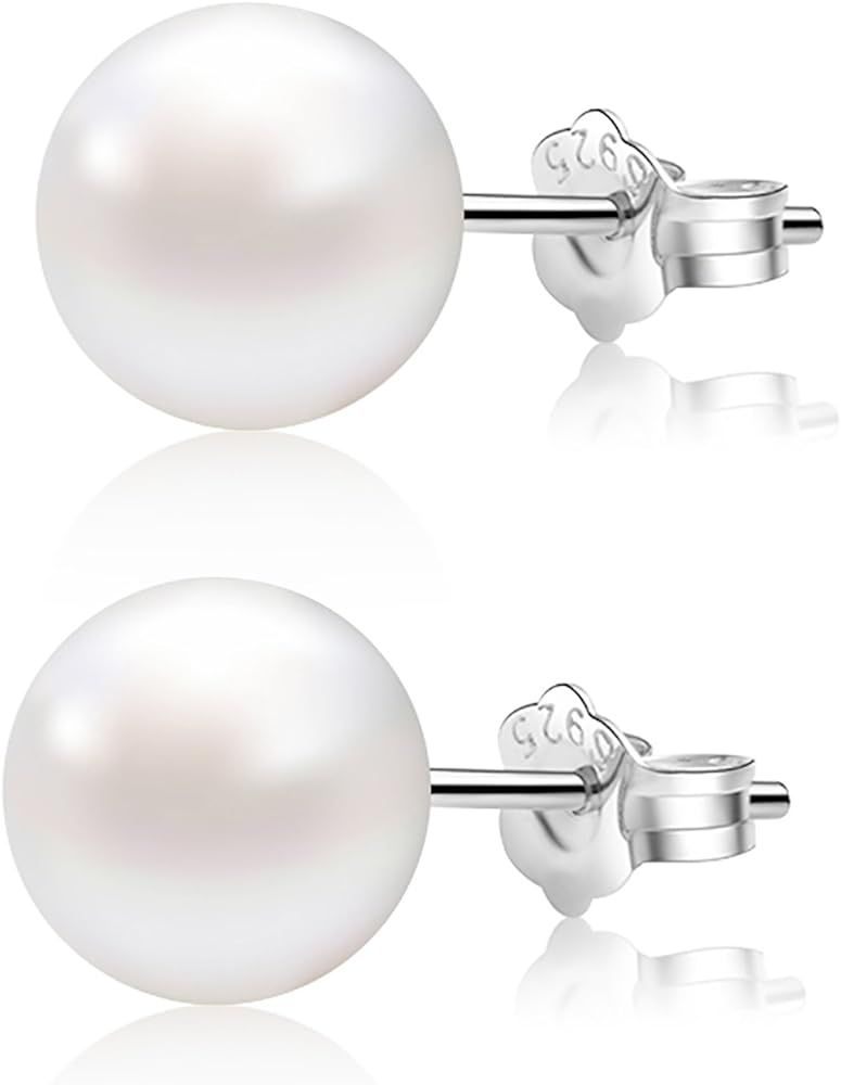 ALYC Pearl Earrings Freshwater Pearl White Button Stud Earrings with 925 Sterling Silver for Wome... | Amazon (US)