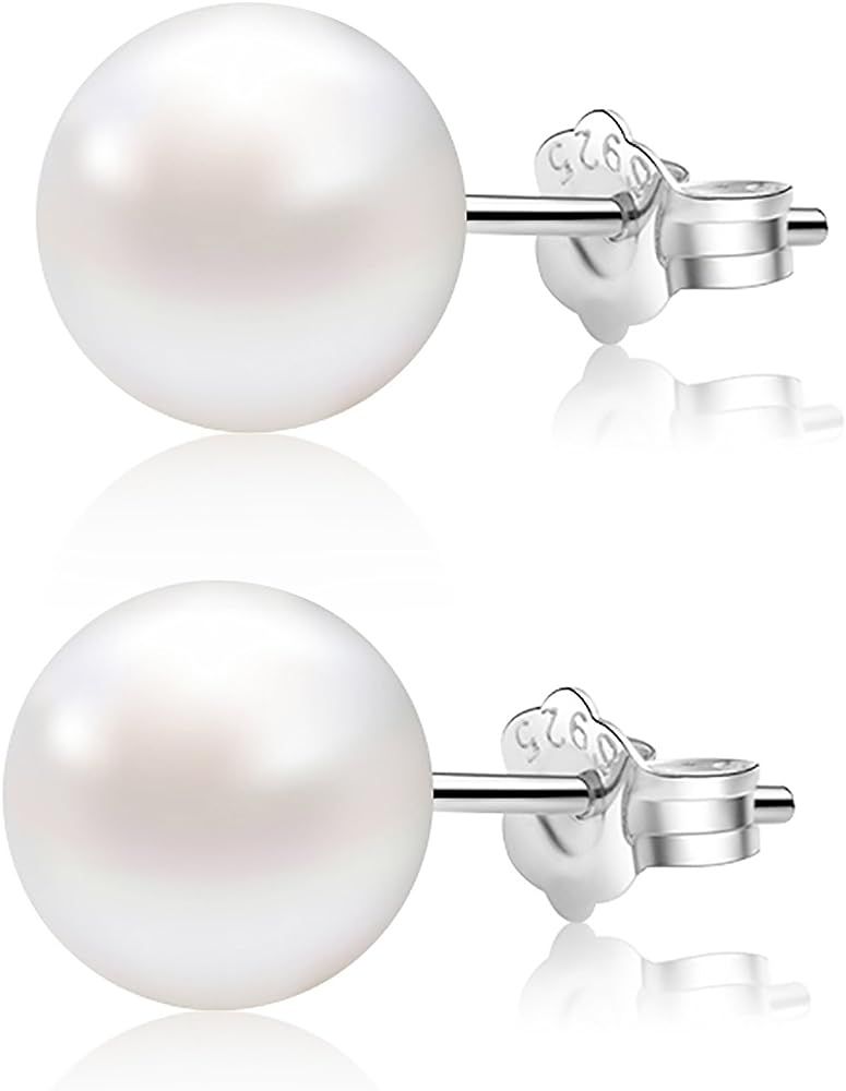 Pearl Earrings Freshwater Pearl White Button Stud Earrings with 925 Sterling Silver for Women | Amazon (US)