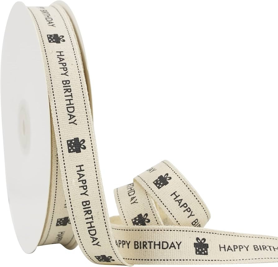 HUIHUANG 3/4 Inch Happy Birthday Cotton Ribbon Natural Fabric Cotton Ribbon for Gift Wrapping Cra... | Amazon (US)