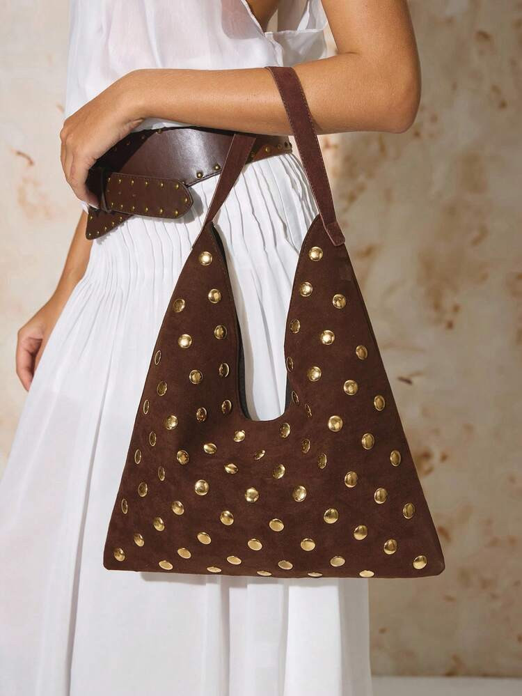 SHECARRY Ladies, Women Shoulder Bag, Hobo Bag, Fashionable, Elegant, Simple, Personalized, Versatile, Classic, Rivets, For Commute, Office, Date, Daily, Shopping, Afternoon Tea | SHEIN