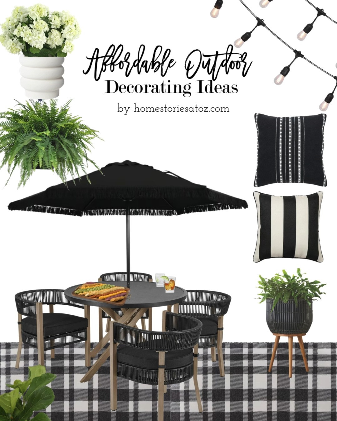 Upgrade your patio without breaking the bank! This Walmart outdoor dining furniture set is the perfect combo of style, comfort, and affordability.

Shop the look:
-Buffalo Plaid Reversible Rug, Black/White, 7' x 10'
-5 Piece Outdoor Dining Set in Black
-Black fringe tilt umbrella
-Black and white toss pillows
-outdoor planters
-affordable ferns that ship to your home
-outdoor string lights

#WalmartOutdoorFurniture #bhgwalmart #PatioFurnitureSet #WalmartPatioFinds #Outdoordining #AffordableBackyardMakeover #LTKOutdoor #WalmartHomeFinds #BudgetFriendlyPatio #SmallSpacePatioIdeas #BackyardGoals #NeutralOutdoorDecor #StringLights #PatioSeason 

 #LTKHome