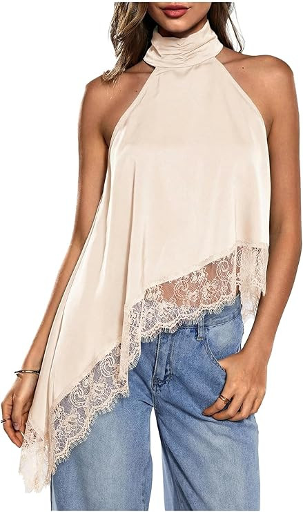 Milumia Women's Halter Neck Sleeveless Top Lace Asymmetrical Hem Summer Going Out Tank Tops | Amazon (US)