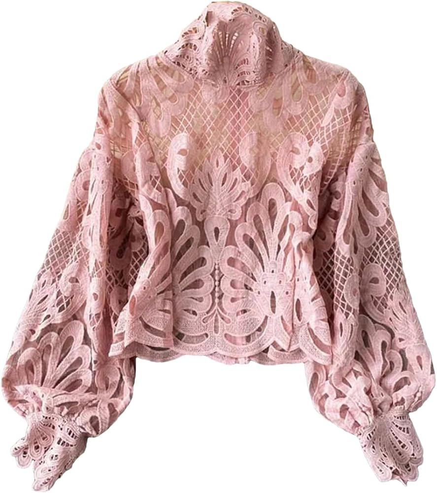 Hollow Out Temperament Slim Short Lace Lantern Sleeve Stand-Up Collar Shirt for Women | Amazon (US)