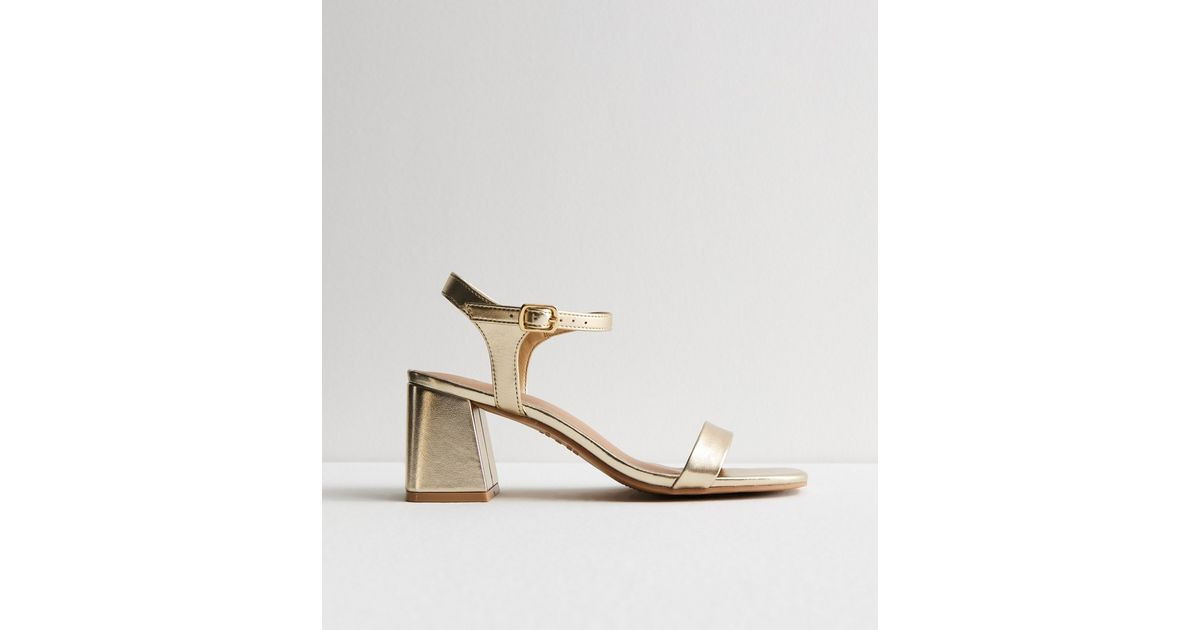 Wide Fit Gold Leather-Look 2 Part Block Heel Sandals | New Look | New Look (UK)