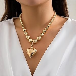 YBMYCM Heart Pendant Choker Necklaces Chunky Gold Bead Choker Necklaces for Women Gifts Jewelry | Amazon (US)