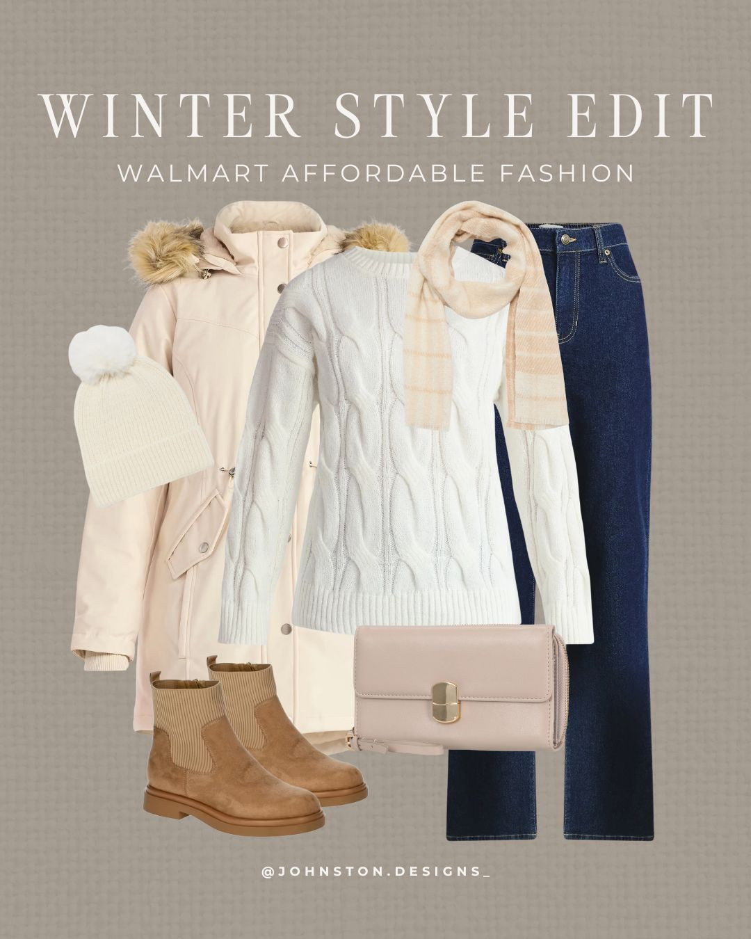 Winter style outfit inspo all from Walmart! Affordable fashion, winter jacket, cold weather, wide leg jeans, boots, cable knit sweater, trending style, neutral outfit, winter Walmart fashion.
 

 #LTKootd #LTKSeasonal #LTKFindsUnder50