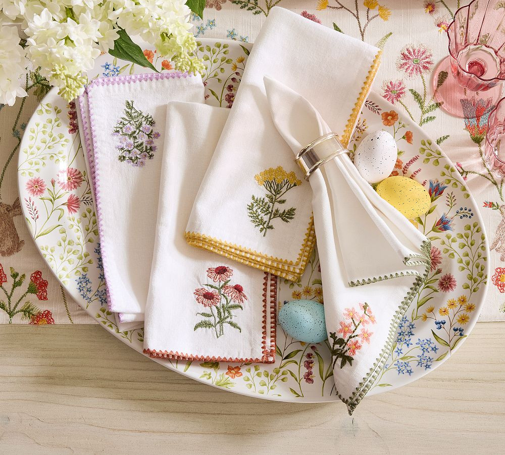 Botanical Embroidered Cotton/Linen Napkins - Mixed Set of 4 | Pottery Barn (US)