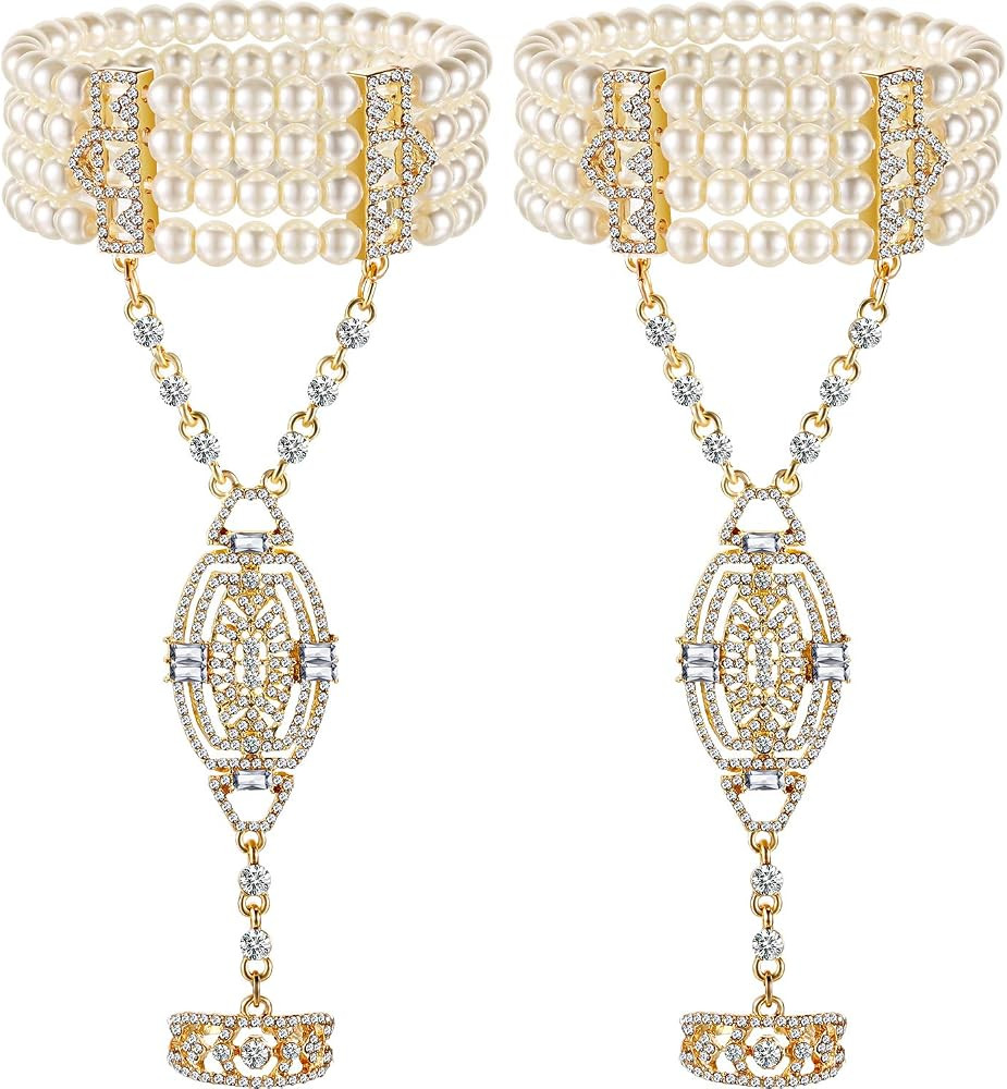 Hicarer 2 Pieces 1920s Flapper Bracelet Ring Set Imitation Pearl Crystal Bracelet for Women Hallo... | Amazon (US)
