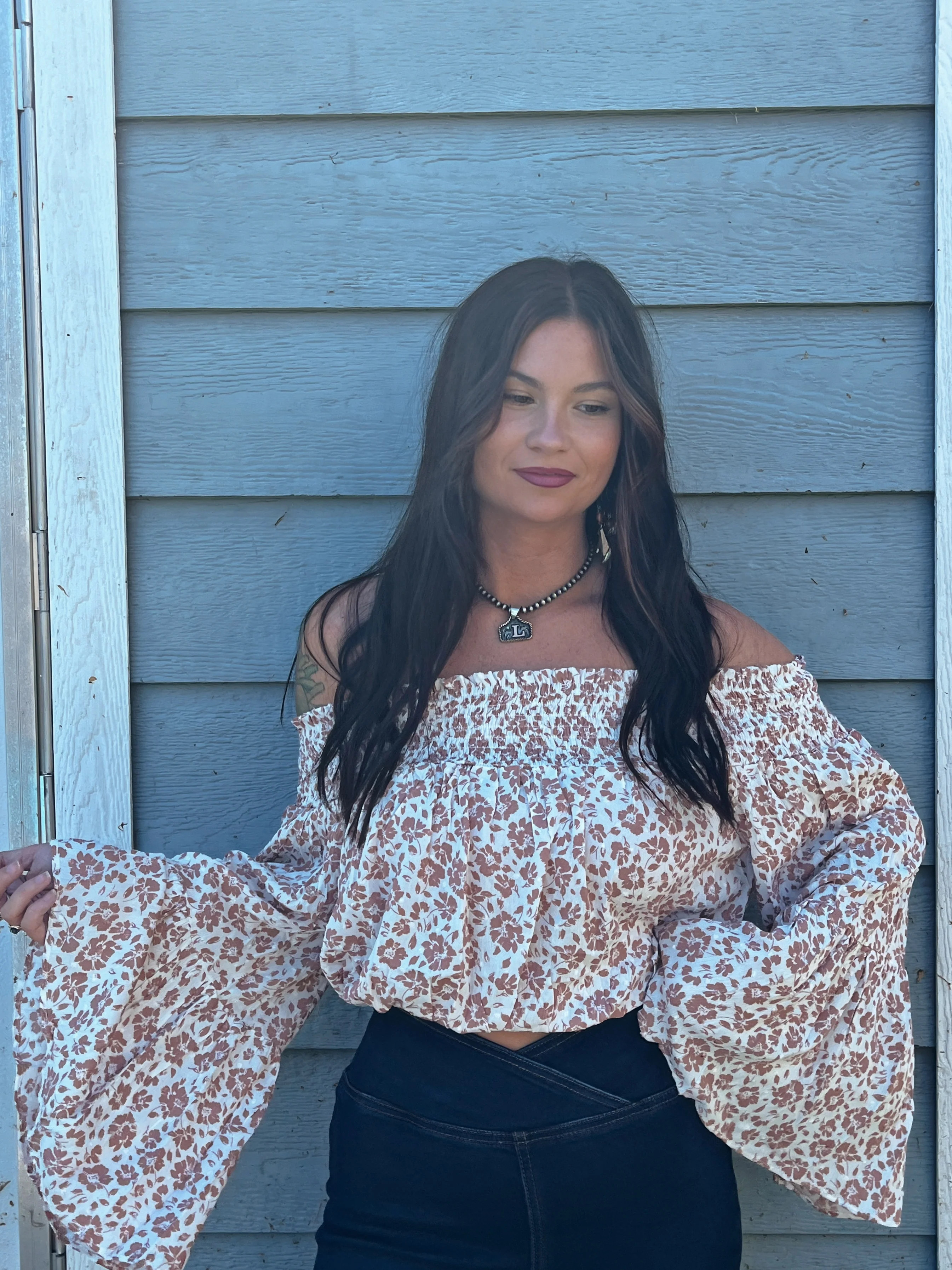 Garden Party Floral Smocked Off Shoulder Bell Sleeve Top | Willow Boutique