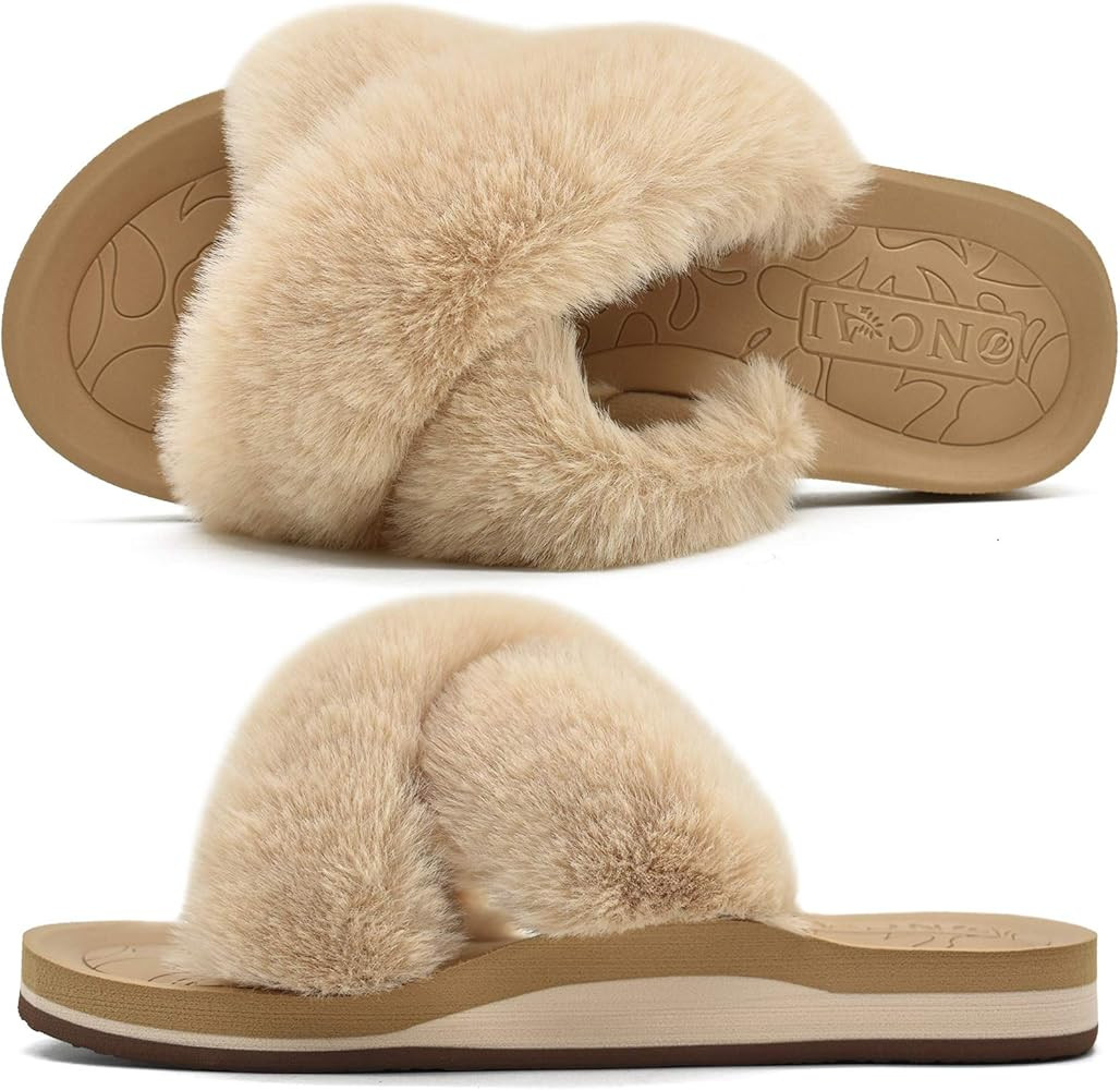 ONCAI Womens Fluffy Slides Open Toe Faux Fur Slippers With Cushion Arch Support Yoga Mat Size 5-1... | Amazon (US)