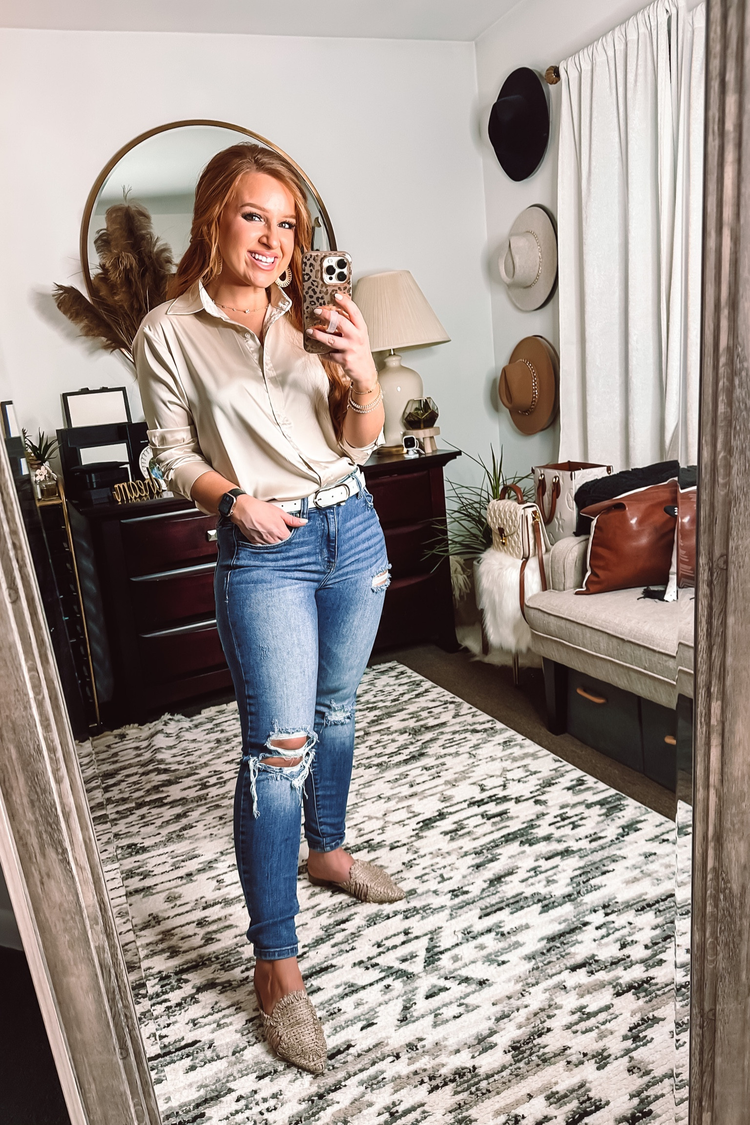 Champagne satin button up outfit with jeans and mules 

#LTKunder100 #LTKunder50 #LTKstyletip