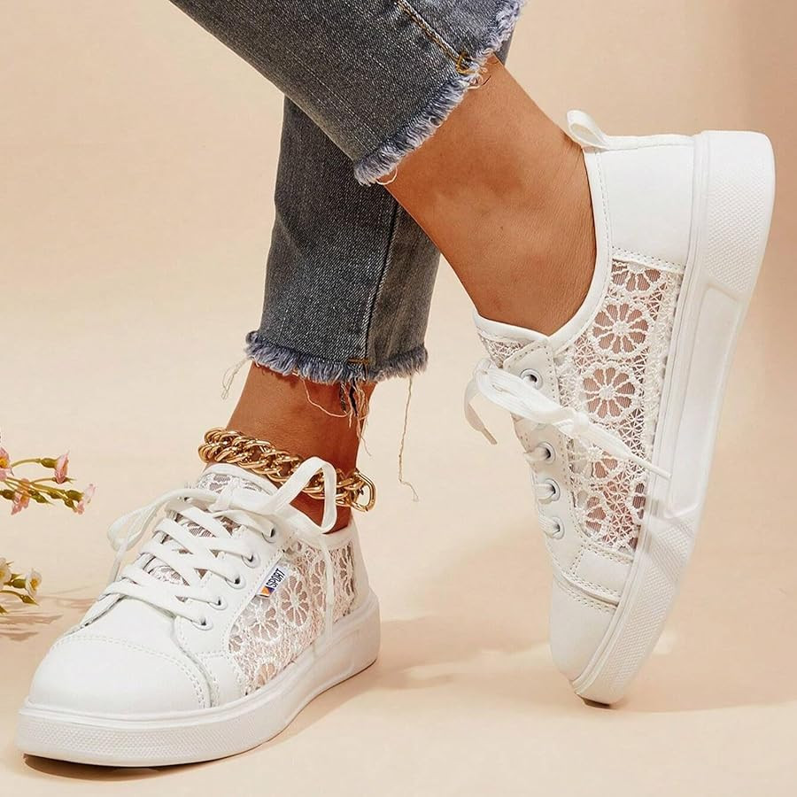 Hbeylia Womens Lace Sneakers Fashion Mesh Low Cut Canvas Shoes Lace Crochet Lace Up Walking Runni... | Amazon (US)