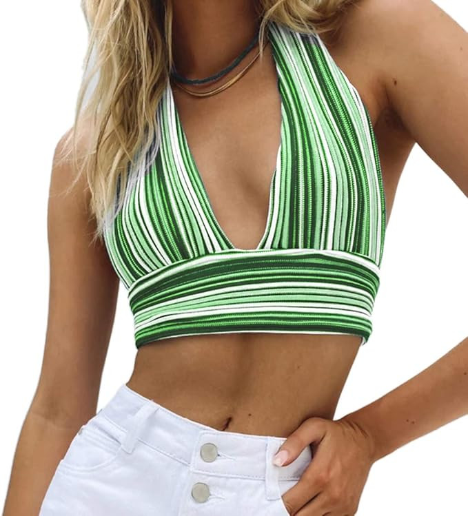 MISSACTIVER Women’s Halter Backless Knitted Crop Top V Neck Bandage Stripe Crop Tank Top Vest T... | Amazon (US)