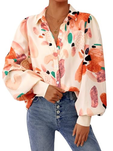 PRETTYGARDEN Women's Floral Blouses Dressy Casual V Neck Button Down Shirts Lantern Long Sleeve Boho Chiffon Spring Tops 2026(Orange Watercolour,XL) | Amazon (US)