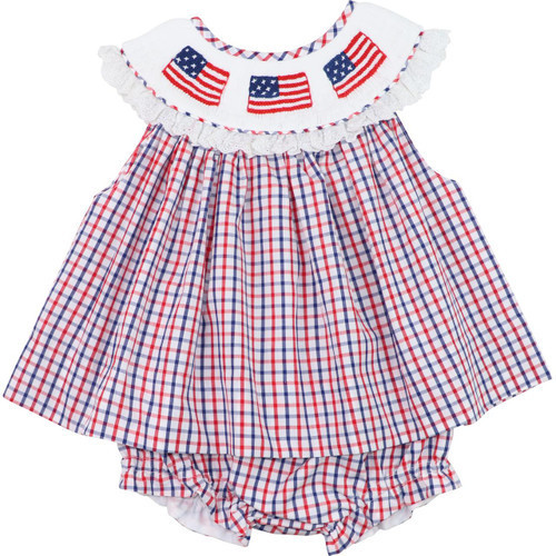 Navy And Red Windowpane Smocked American Flag Diaper Set | Cecil and Lou