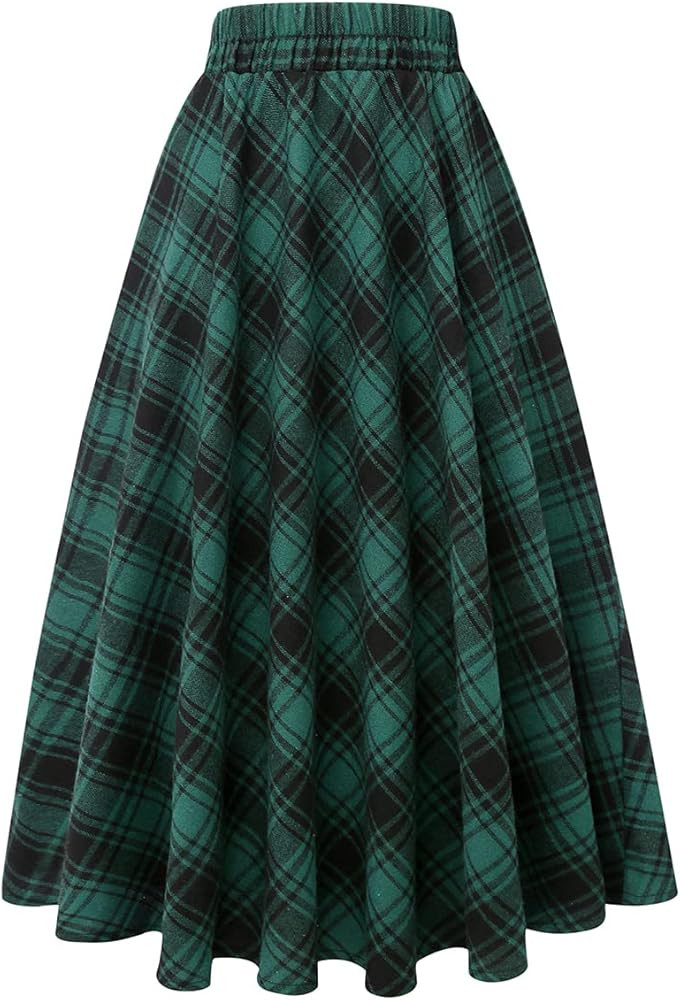 IDEALSANXUN Women’s Plaid Skirt Elastic Waist A-line Midi Pleated Skirts | Amazon (US)