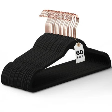 HOUSE DAY Black Velvet Hangers 60 Pack, Premium Clothes Hangers Non-Slip Felt Hangers, Sturdy Black Hangers Heavy Duty Coat Hangers, Durable Suit Hangers for Space Saving, No Hanger Marks Gold Hook | Walmart (US)