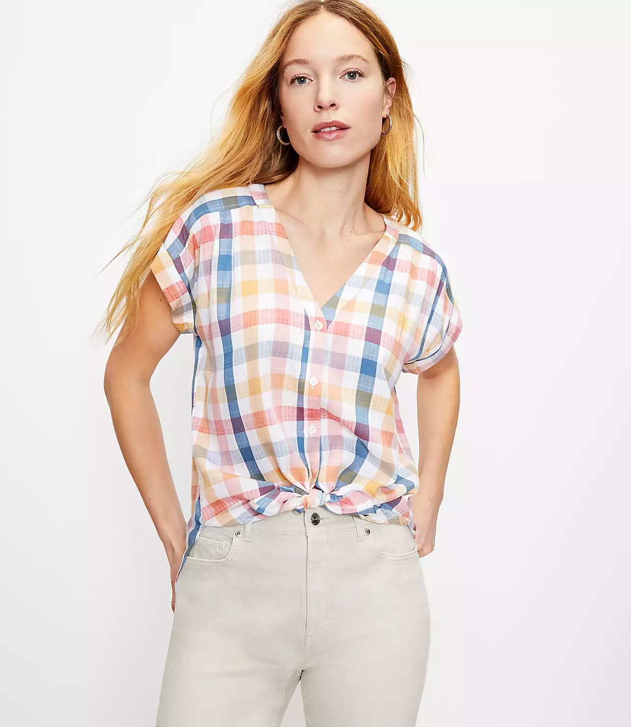 Gingham V-Neck Shirt | LOFT