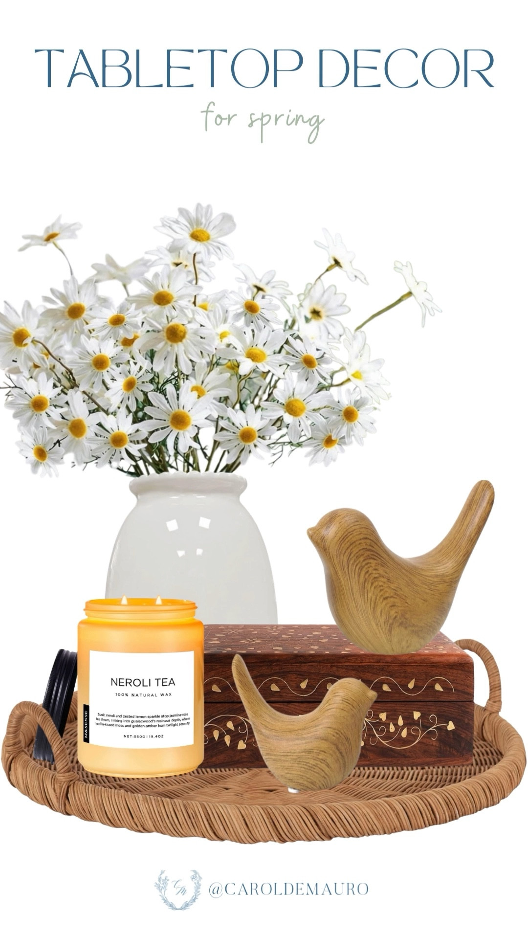 Here's a cutesy tabletop decor you'll love adding to your living room or kitchen countertop for Spring! Love the faux daisy stems and the wooden carved birds.

amazon home, spring decor, easter styling, whimsical inspo, affordable finds, centerpiece, scented candle, entertaining at home

#LTKHome #LTKSeasonal #LTKU